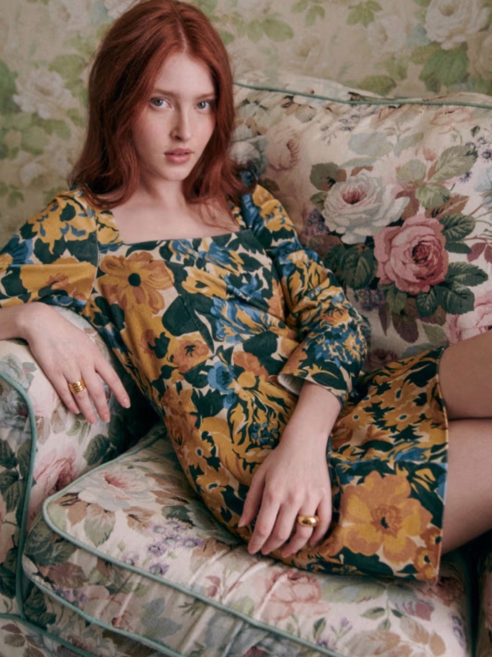 Sezane Diana Dress - Mustard and Teal Floral Square-Neck Mini Dress